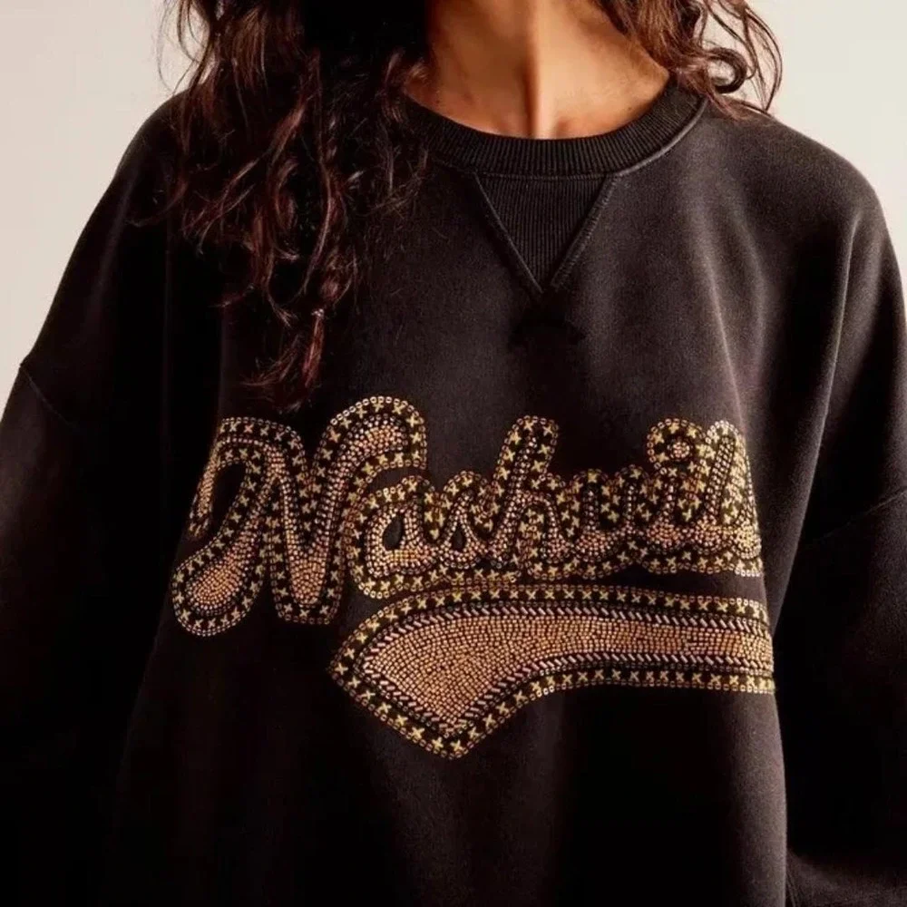 Free People Bali Drifter Sweatshirt M Black Nashville Embellished Oversized